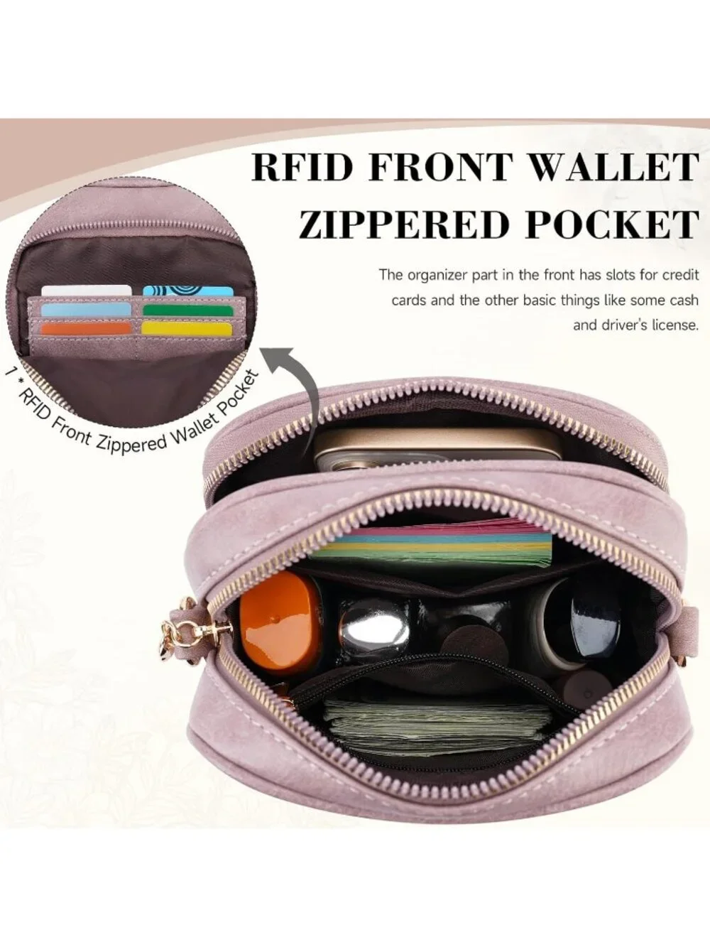 Women's purple Crossbody Phone Purse Triple Compartment Lightweight Shoulder Bag